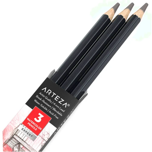 ARTEZA Professional Watercolor Pencils, Pack of 3, A010 Shadow Gray, Water-Soluble Pencils for Coloring, Blending, Layering & Watercolor Techniques
