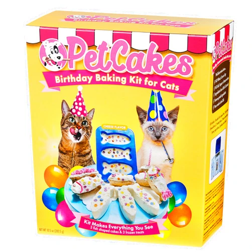 PetCakes Birthday Baking Kit for Cats- Makes 3 Frosted Fish Shaped Cakes & 3 Ice Cream Treats - Includes 2 Healthy Cake Mixes, 2 Frosting & 2 Ice Cream Mixes, Sprinkles & Candle - Net Wt 10.5 oz