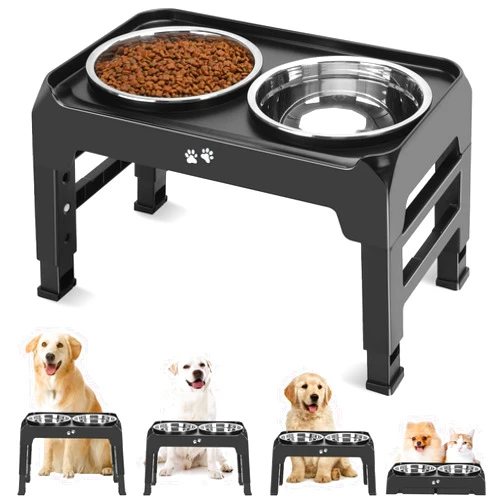 COMESOON Elevated Dog Bowls, 4 Height Adjustable Raised Dog Bowl Stand with 2 Thick 50oz Stainless Steel Dog Food Bowls Non-Slip Dog Feeder for Large Medium Dogs Adjusts to 3.7