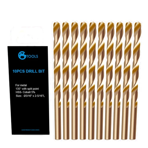 GMTOOLS 3/16 inch Cobalt Drill Bits, M35 HSS, 135 Degree Tip, Jobber Length Twist Drill Bit Set for Hard Metal, Stainless Steel, Cast Iron, Wood and Plastic, with Storage Case, Pack of 10