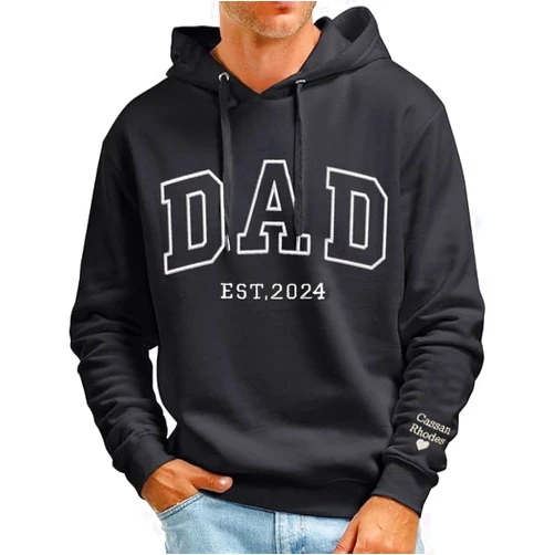 GODMERCH Personalized Embroidered Dad Est Hoodie with Kid Names on Sleeve, Dad Sweatshirt Hoodie for Men, Gift for Dad Daddy Husband Grandpa Fathers Day Christmas