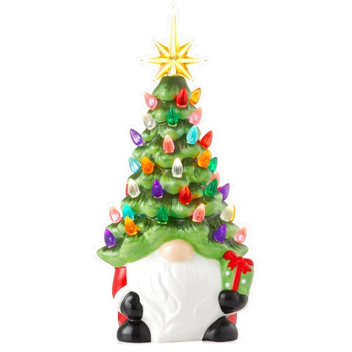 Casafield Hand Painted Ceramic Christmas Gnome with Tree, Red and Green Pre-Lit Gnome with 78 Multi Color Lights and Star Toppers