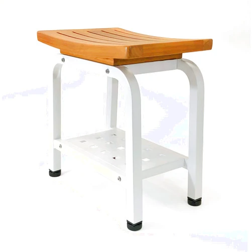 Anthology Spa Bali Shower Bench, Teak & Aluminum Shower/Bath/Spa/Patio Stool Bench, Chair/Side Table with Storage Shelf for Indoor/Outdoor, Adjustable TPR Foot Pads, B103/WHT (Pure White)
