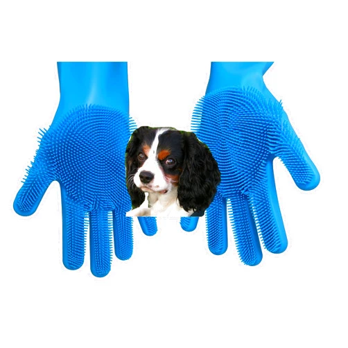 Tesmarks Pet Grooming Gloves - Hair Removal, Massage, and Bathing Shampoo Gloves in Blue