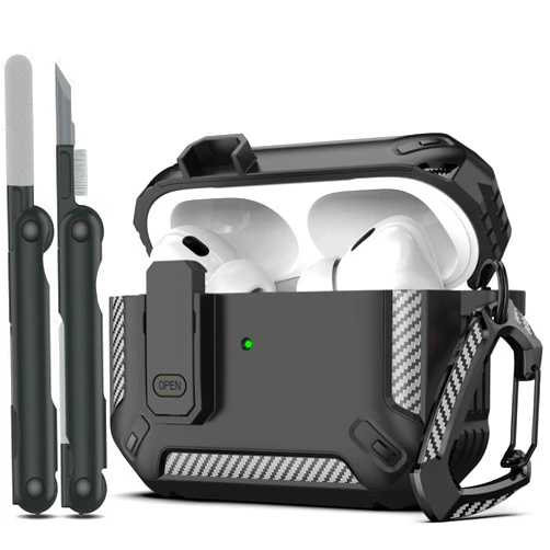 RFUNGUANGO for AirPods Pro Case Cover with Cleaner Kit, Military Hard Shell Protective Armor with Lock for AirPod Pro Charging Case, Front LED Visible,Black