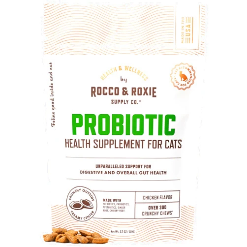 Rocco & Roxie Supply Co. Rocco & Roxie Cat Probiotic Health Supplement for Cats, Prebiotic and Postbiotic for Digestive + Gut Support, Constipation Relief, Anti Diarrhea, Supplements & Vitamins, Chicken Flavored Crunchy Chews