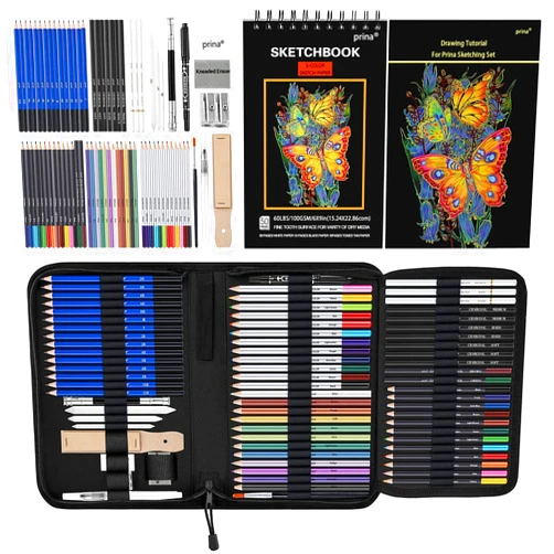 PRINA 76 Pack Drawing Set Sketching Kit, Pro Art Supplies with 3-Color Sketchbook, Include Tutorial, Colored, Graphite, Charcoal, Watercolor & Metallic Pencil, for Artists Adults Teens Beginner