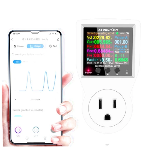 JUWEIAT AC WiFi Watt Meter, Plug-in US Socket Power Meter, Backlit Large Color Display, Overload Protection, Kilowatt Wattage Voltage AMP Tester, Electrical Energy Monitor,Delay to restore power supply, Timer