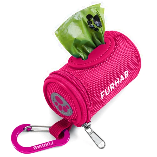 FURHAB Dog Poop Bag Holder for Leash Doggie Waste Bag Dispenser Soft Fabric Puppy Potty Carrier Small Doggy Zipper Pouch with Carabiner Clip 1680D Nylon Oxford with 1 Roll of Pet Trash Bags, Rose Red