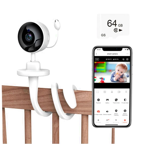 Fuers Security WiFi Camera for Baby Monitor, with Flexible Arm Bracket and 64G SD Card Storage,1080P, 2-Way Audio,Night Vision,Lullabies,Cry & Motion Detection,Temp & Humidity Sensor,App Control