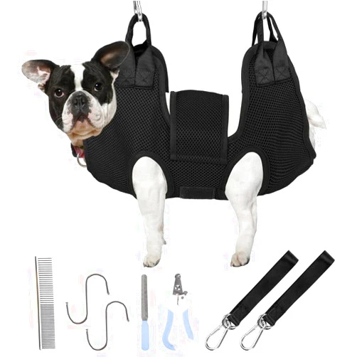 PatiencET Dog Grooming Hammock for Small Dogs Pet Hammock for Nail Trimming Dog Sling for Nail Clipping Dog Hanging Harness (Black S)