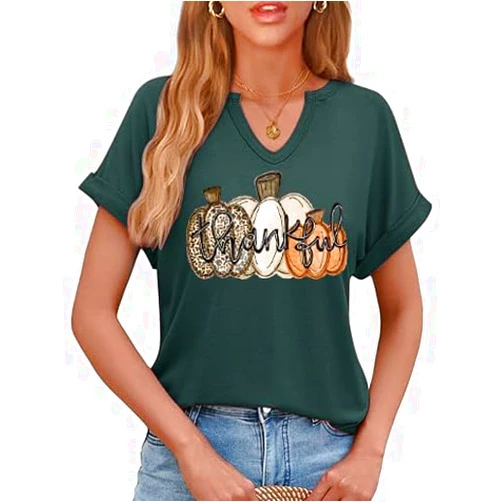 Weokwock V Neck Fall Shirt for Women Pumpkin Witch Skull Leaves Graphic Halloween Thanksgiving Shirts Tops Tee