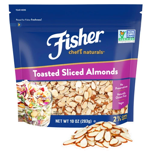 Fisher Chef's Naturals Unsalted Toasted Sliced Almonds 10oz Resealable Bag, Raw Nuts Perfect for Cooking, Baking & Snacking, Vegan Protein, Keto Snack, Gluten Free