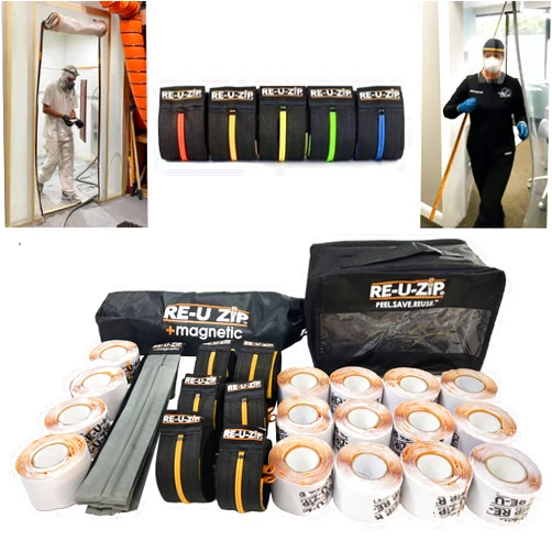 RE-U-ZIP™ REUSABLE DUST BARRIER ENTRY SYSTEM | PRO BUNDLE - (1 Self-Closing Magnetic Entry Strip + 6 Reusable Blue Zippers + 16 Mounting Strip Refills + 2 Carry Cases + 12 Zip Ties)