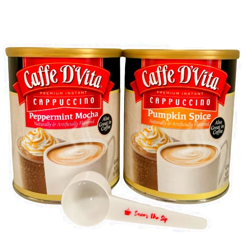 SONSHINE MINERALS Caffe D'Vita Pumpkin Spice Cappuccino Mix and Peppermint Mocha Cappuccino Mix Seasonal Variety Pack - Two Premium Instant Cappuccino Mix 16 oz Cans - including a Sonshine Minerals Savor the Sip Plastic Coffee Measuring Scoop, Gluten Free, No Hydrogenated Oils, 99% Caffeine Free