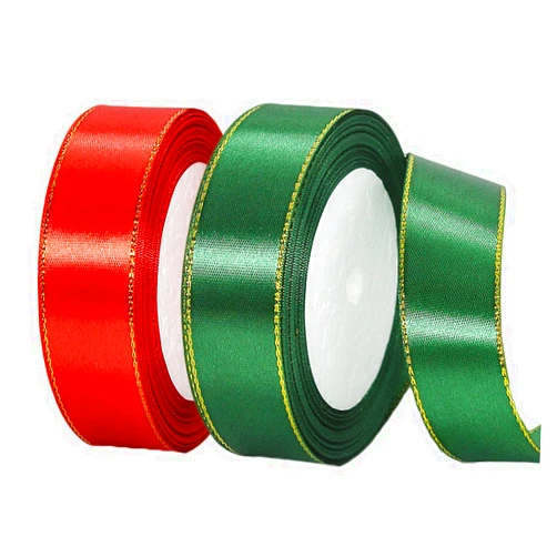 ALOHOVME Christmas Ribbon, 1 Inch Red Dark Green Satin Ribbon for Christmas Decorations, 50 Yards Gold Edges Fabric Ribbon for Xmas Trees, Ornaments, DIY Crafts, Wreaths Bows and Gift Packaging