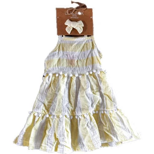Lila & Jack Girls Spaghetti Strap Summer Dress with Matching Bow, Light Yellow, Cotton Blend, Ruffled Hem, Special Occasion.