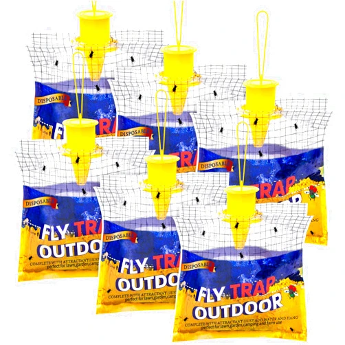 Glovv Disposable Fly Traps 6 Pack Bags Outdoor, Flies Catcher Traps with Natural Pre-Bait Refill Repellent, Reusable Stable Horse Ranch Trapper Outdoor Hanging Killer Helps Control