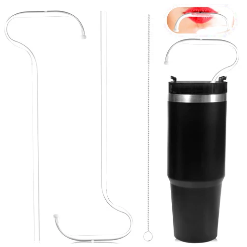 SAVITA 2PCS No Wrinkle Lip Straws, Prevent Anti Wrinkles Straw Compatible with Stanley Adventure Quencher 30oz, Plastic Reusable Travel Mug Replacement Straw with Cleaning Brush