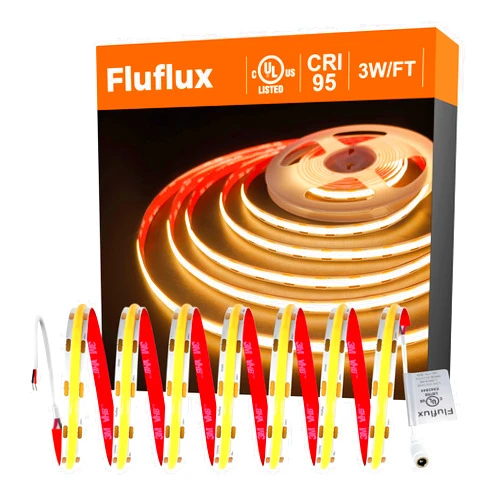FluFlux COB LED Strip Light Warm White 3000K, Premium Tape Light with Strong 3M VHB Tape, CRI 95, UL Listed, Cuttable, Dimmable, 24V DC, 3W/FT for Bedroom, Kitchen, Cabinet (Power Supply Not Included)