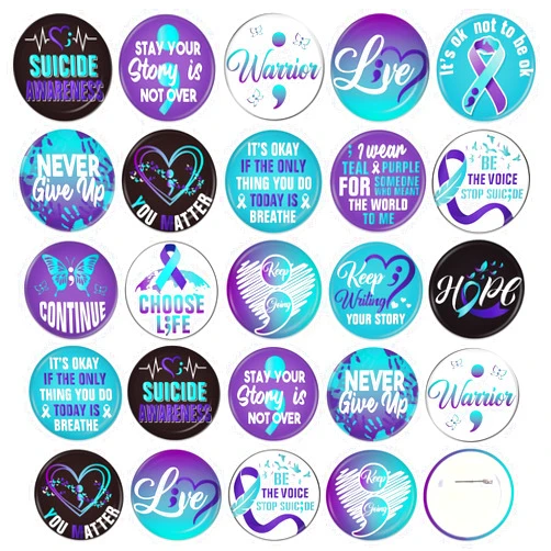 Cinrobiye 30 Pcs Ribbon Awareness Button Pins, Colorful Inspirational Ribbon Round Badges,Prevention Awareness Ribbon Assorted Cancer Badges Brooch Pin Decoration Supplies,Clothing Bag Hat Accessories