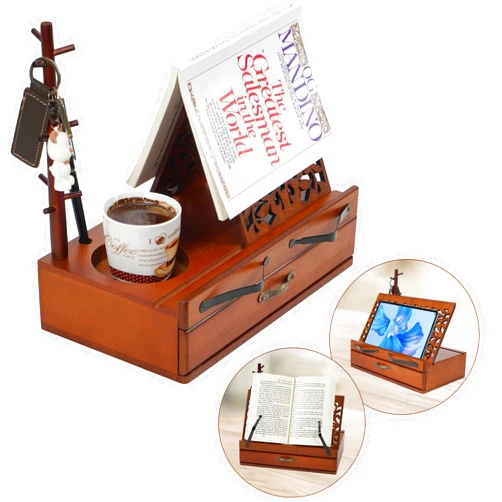 CILXGQLN Wooden Book Stand for Reading Hands Free, Triangle Book Holder Book Rest with Cup Holder, Glasses Pen & iPad Holder, Book Page Holder Stand with Drawer, Book Lovers Gifts