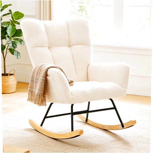 DUMOS Nursery Rocking Chair Teddy Upholstered, Comfy Glider Rocker with High Backrest Armchair Padded Seat, Accent Side Chair for Living Room Bedroom Offices Small Spaces Indoor, Beige