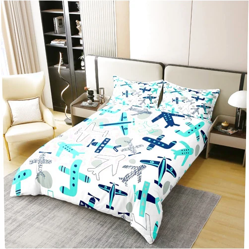 Erosebridal Kids Airplane 100% Cotton Duvet Cover Full Aircraft Pattern Bedding Set for Children Girls Boys Bedroom, Aviation Theme Cartoon Comforter Cover Teal Blue Quilt Cover 3Pcs with 2 Pillow Cases