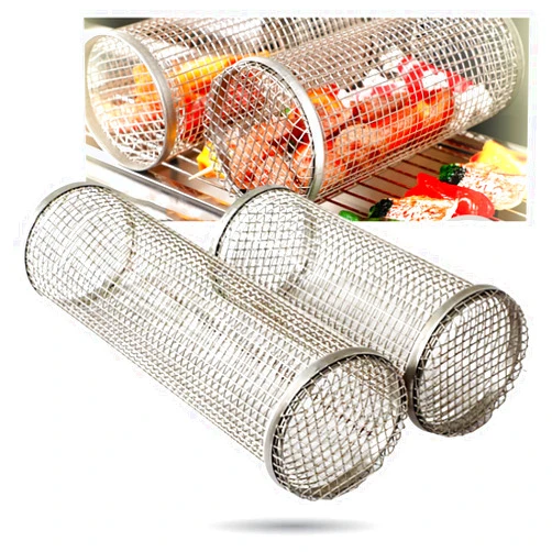Meinelxdzxy 2PCS Rotisserie Basket Stainless Steel Grilled Cage Barbecue Rolling Grill Basket Non-Stick Outdoor BBQ Round Grill Baskets