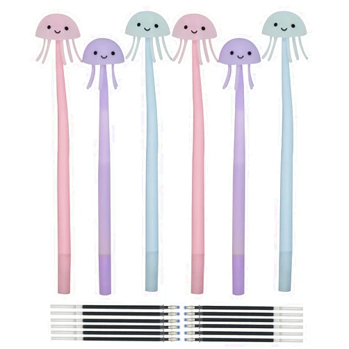 Lopenle 6PCS Novelty Jellyfish Pens Wiggle Gel Pens Soft Silicone Rollerball Pens Bendable Pen With12 Pieces Refills Black Ink 0.5mm For School Office Home Stationery Store