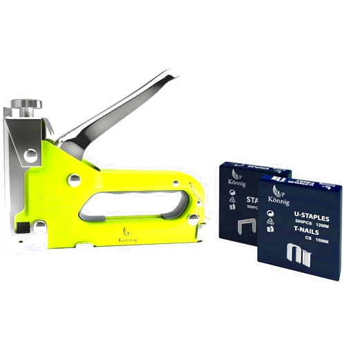 Könnig Heavy Duty Staple Gun 3 in 1, Hand Operated Stainless Steel Stapler, Brad Nailer, Tacker Tool w/Bonus 2000 Staples (Silver - Chrome Plated) (Lemon Green)
