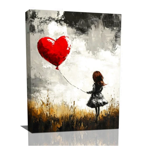 Nanen Banksy Girl Wall Art, Black and Red Pictures Wall Decor, Graffiti Balloon Canvas Prints, Heart Painting, Framed Artwork for Bathroom Living Room Bedroom Office 16