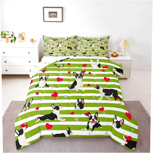 Erosebridal Cartoon Dog Comforter Set Funny Cute Boston Terrier Dog Bedding Set Twin Size Pink Heart Green Super Soft Down Comforter Farmhouse Pet Puppy Animal Comforter Set For Kids Boys Girls Bedroom Decor