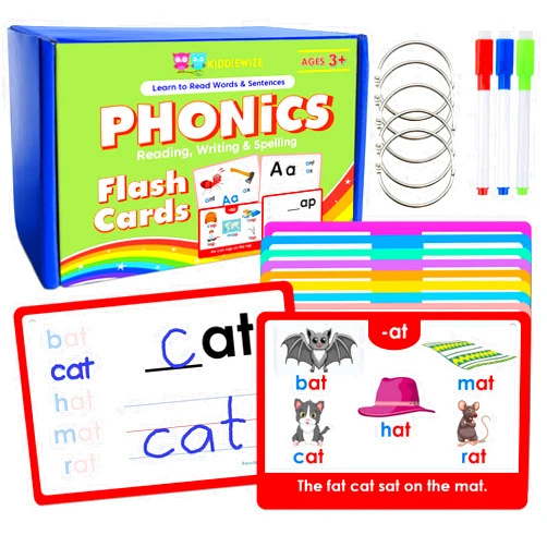 KIDDIEWIZE 530 Learn to Read Write Spell Decodable Words with Pictures and Sentences, 154 Phonics Flash Cards for Kids Ages 3-10, Letter Sounds, CVC Words, Blends and Digraphs Preschool, Kindergarten, 1st Grade