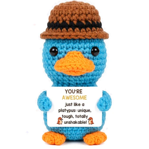 Vkeyinf Mini Funny Awesome Platypus, Positive Crochet of Desk Decor, Emotional Support Crochet Animals for Women, Coworker, Platypus Stuffed Animal Cheer Up Gifts for Christmas