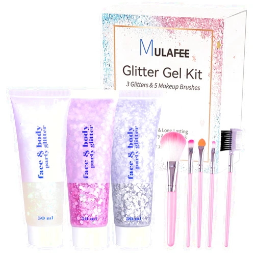 MULAFEE Body Glitter Kit, Mermaid Sequins Face Glitter Gel, Sparkling Chunky Glitter for Eye Lip Hair, 3pcs Body Glitter with Makeup Brushes, Pink+White+Silver