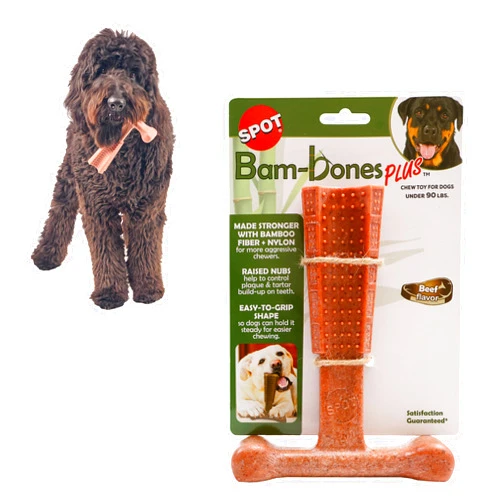 SPOT Bam-Bones Plus T Bone - Bamboo Fiber & Nylon, Durable Long Lasting Dog Chew for Aggressive Chewers – Great Toy for Adult Dogs & Teething Puppies Under 90lbs, Non-Splintering, 7in, Beef Flavor