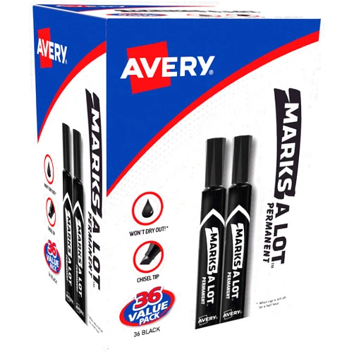 AVERY Marks-A-Lot Large Desk-Style Chisel Tip, Value Pack 36 Black Permanent Markers are perfect for signs and posters (98206)