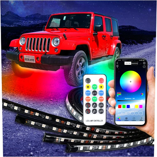 HERANE Car Underglow Lights RF Remote& APP Control, Dream Color Chasing Bluetooth Underbody Strip Lights 4Pcs, Car Exterior Waterproof Underglow LED Light Kit
