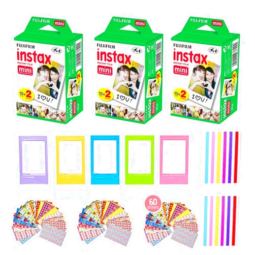 Fujifilm Instax Mini Instant Film (3 Pack, 60 Sheets) 5 Plastic Desk Frames, 60 Sticker Frames, 10 Hanging Creative Frames, 1 Pack Corner Stickers.
