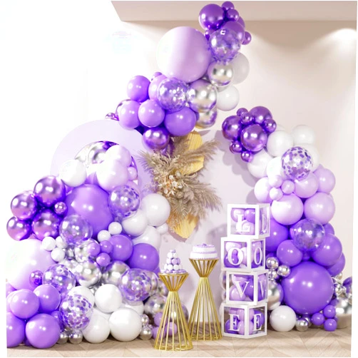 HKYOOD 150Pcs Purple Balloons Garland Arch Kit - 5 10 12 18 inch Lavender Pastel Metallic Purple Confetti Balloons Silver White Latex Balloon for Girl Birthday Baby Shower Princess Party Decorations