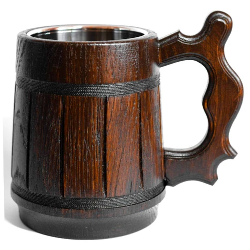 Etno Motif Handmade Beer Mug, Wood Tankard Beer Stein 20 oz. Oak Mug With Stainless Steel Inside | Vintage Bar Accessories Wooden Beer Mug with Metal Insert - The Perfect Gift Idea!