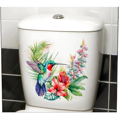 Paleery@FC Large Hummingbird Toilet Cover Sticker Decals,Bird Flower Leaf Waterproof Toilet Lid Tank Seat Decals Cistern Self-Adhesive Bathroom Wall Sticker