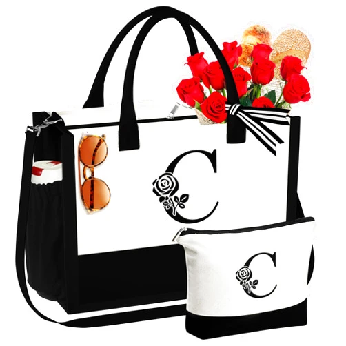 YOOLIFE Graduation Gifts - Gifts for Women Initial Canvas Tote Bag & Makeup Bag Adjustable Strap Birthday Gifts for Women