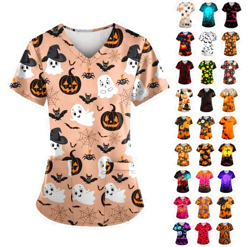 Generic St Patricks Day Scrub Tops for Women Short Sleeve V Neck Scrubs Lucky Shamrock Print Plus Size Medical Uniform Shirts