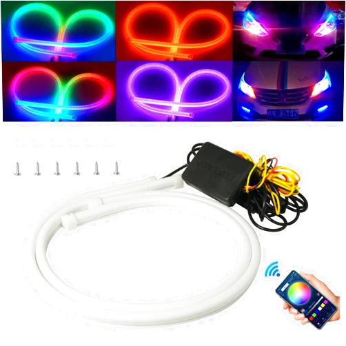 Qasim Sequential LED Strips APP Bluetooth Control RGB Multi Color Headlight 24Inch LED Daytime Running Lights Flexible DRL Tube Strip 12V 2-Pack