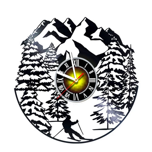 Toffy Workshop Wall Clock Compatible with Skiing Vinyl Record Decor - Exciting Guest Room Decor idea for Children, Adults, Men and Women - Skiing int he Mountains Unique Art Design (One Pack)