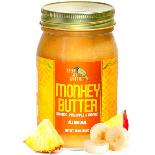 Green Jay Gourmet Monkey Butter - All-Natural, Gluten-Free Banana Butter - Pineapple Spread with Bananas & Mango - Gourmet Fruit Butter - No Corn Syrup, Preservatives or Trans-Fats - 19 Ounces