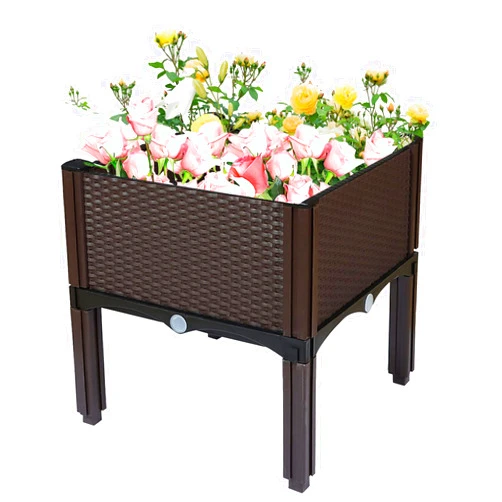Elfinrm 1 Set Plastic Raised Garden Bed, Vegetables Plant Raised Bed Kits Elevated Planting Container with Legs for Indoor & Outdoor Use, Brown