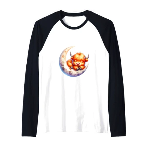 Cute Baby Highland Cow Sleeping on the Moon Heifer Farm Raglan Baseball Tee